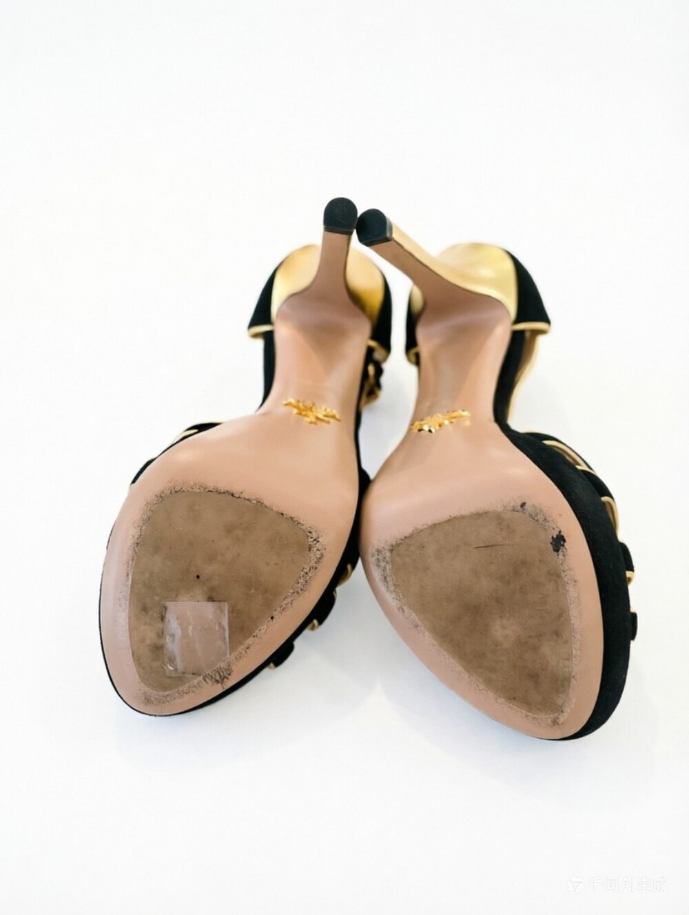Prada Black/Gold Suede And Leather Open Toe Ankle Strap Platform Sandals - Picture 9 of 11